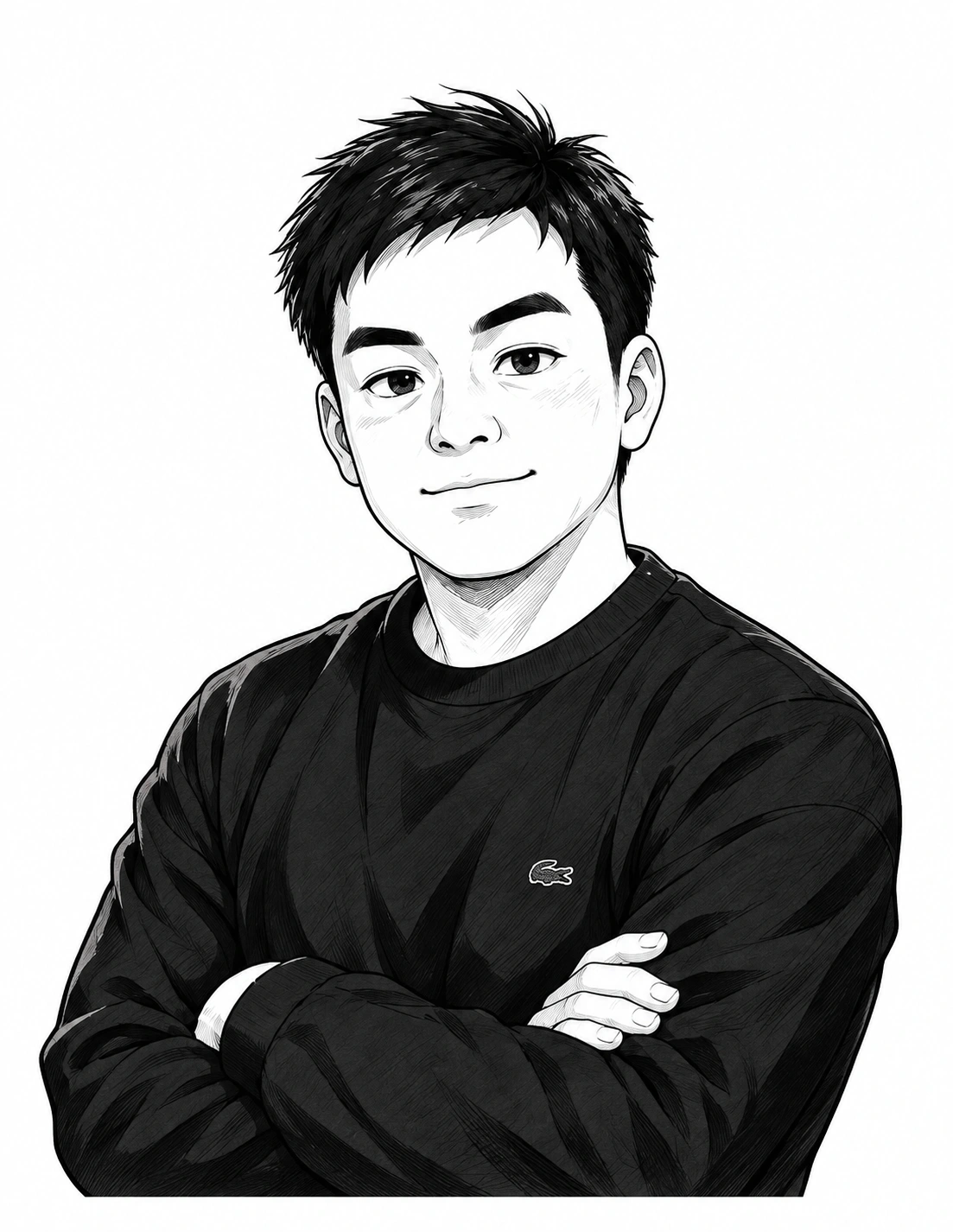 흰 배경에 미소 짓고 팔짱을 낀 김부환 대표 흑백 캐리커처